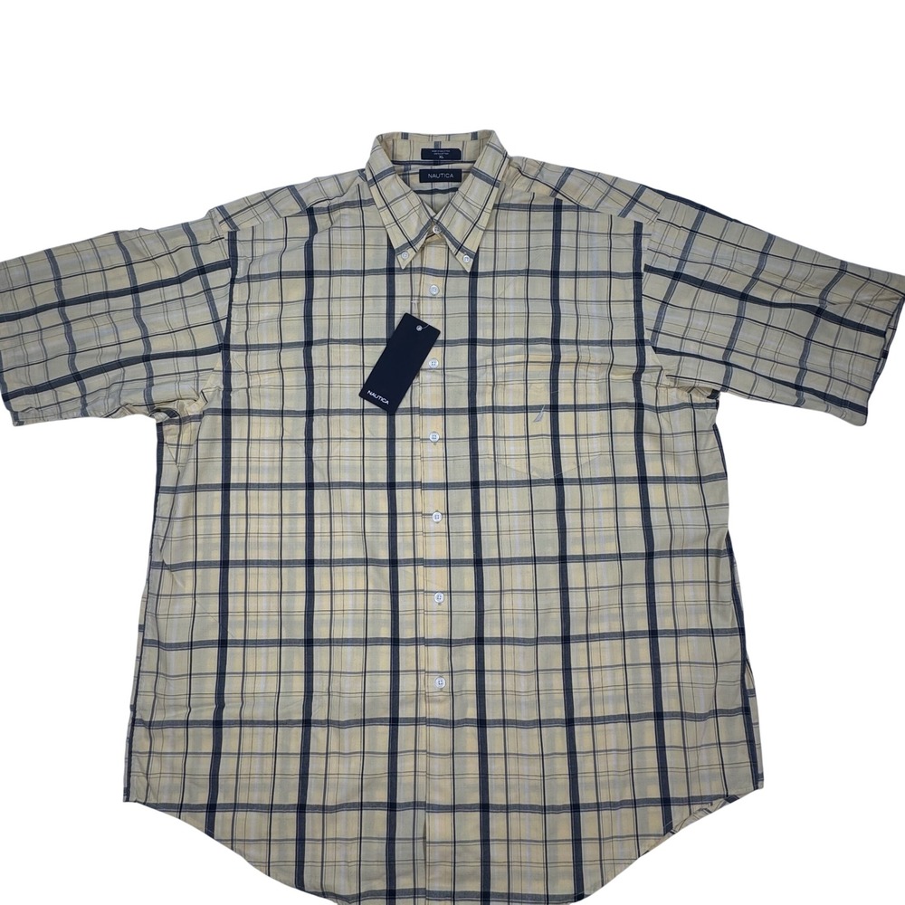 Nautica Mens XL Yellow Plaid Short Sleeve Button Down Cotton Shirt NWT